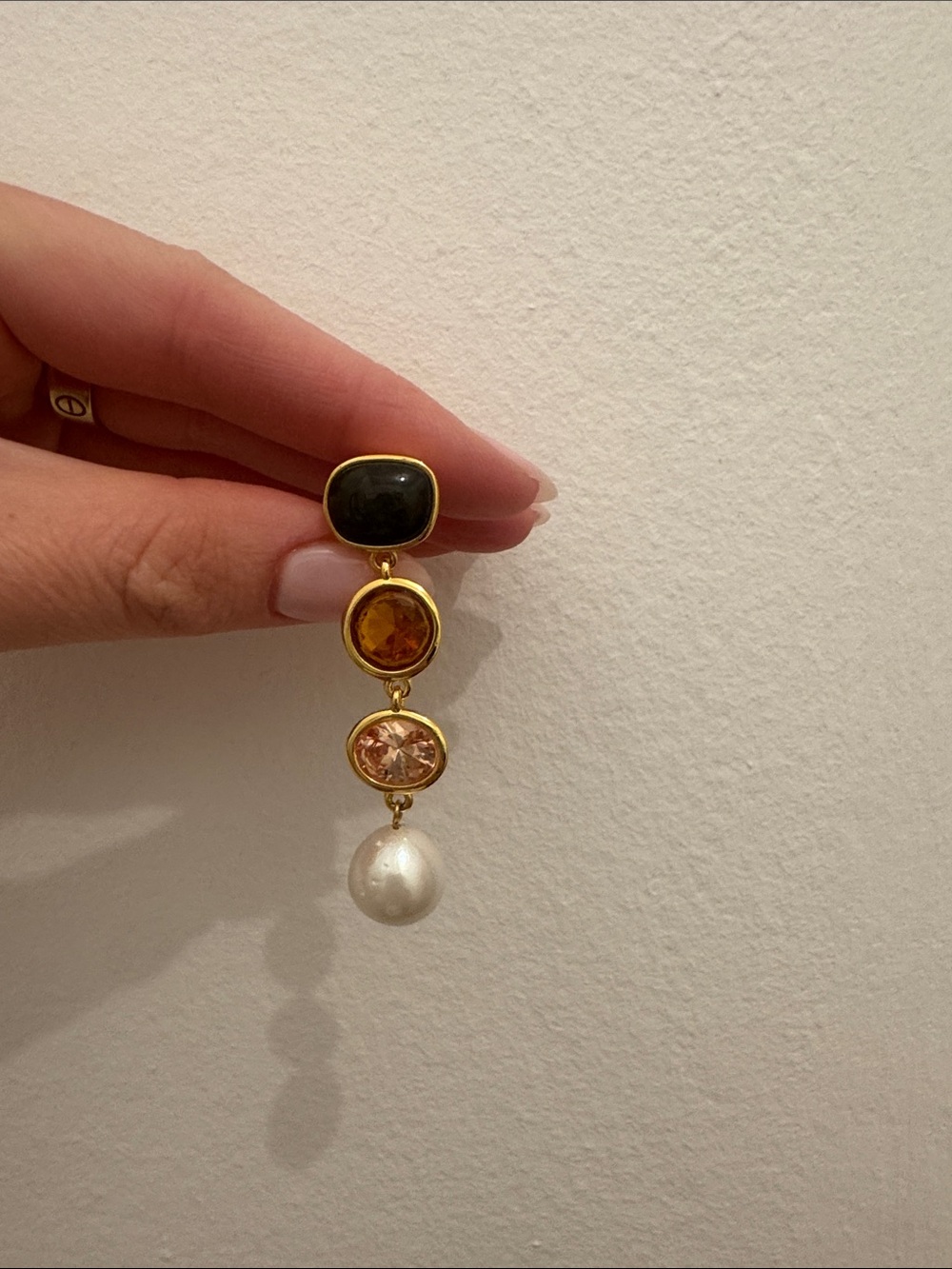 Gold Drop Earrings with Deep Green, Amber and Pearl Accents